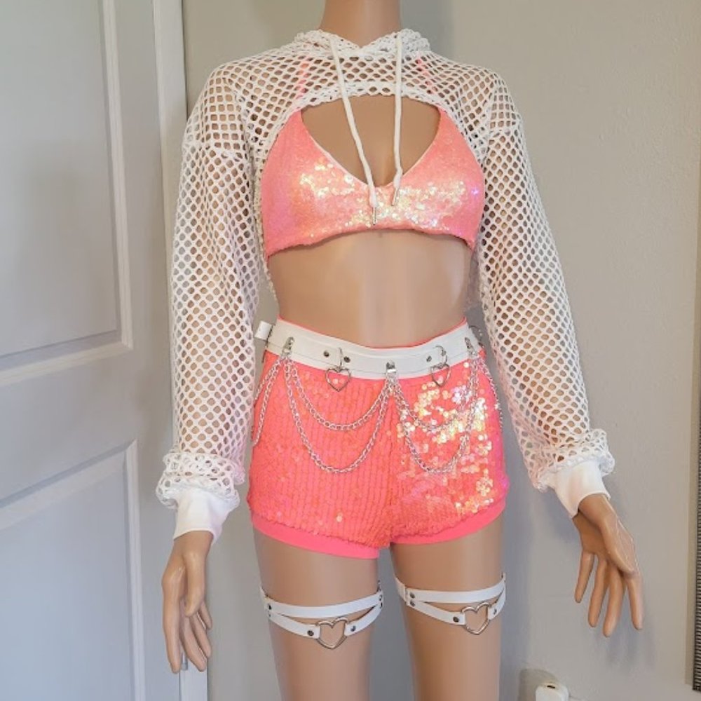 CLEARANCE!! Coral Sequin Set w/ White Fishnet Crop Rave Outfit - Picture 1 of 9
